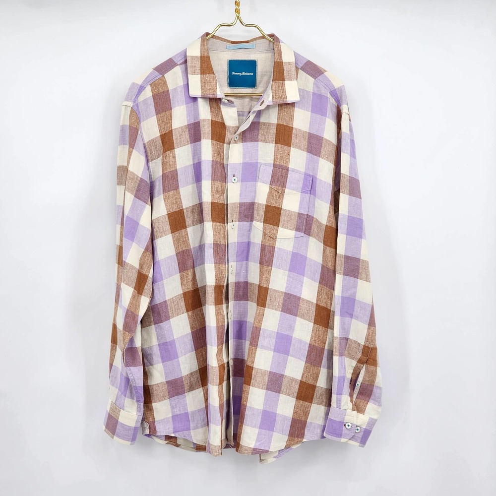 TOMMY BAHAMA Men's 100% Linen Purple Brown Check Long Sleeve Casual Shirt XL